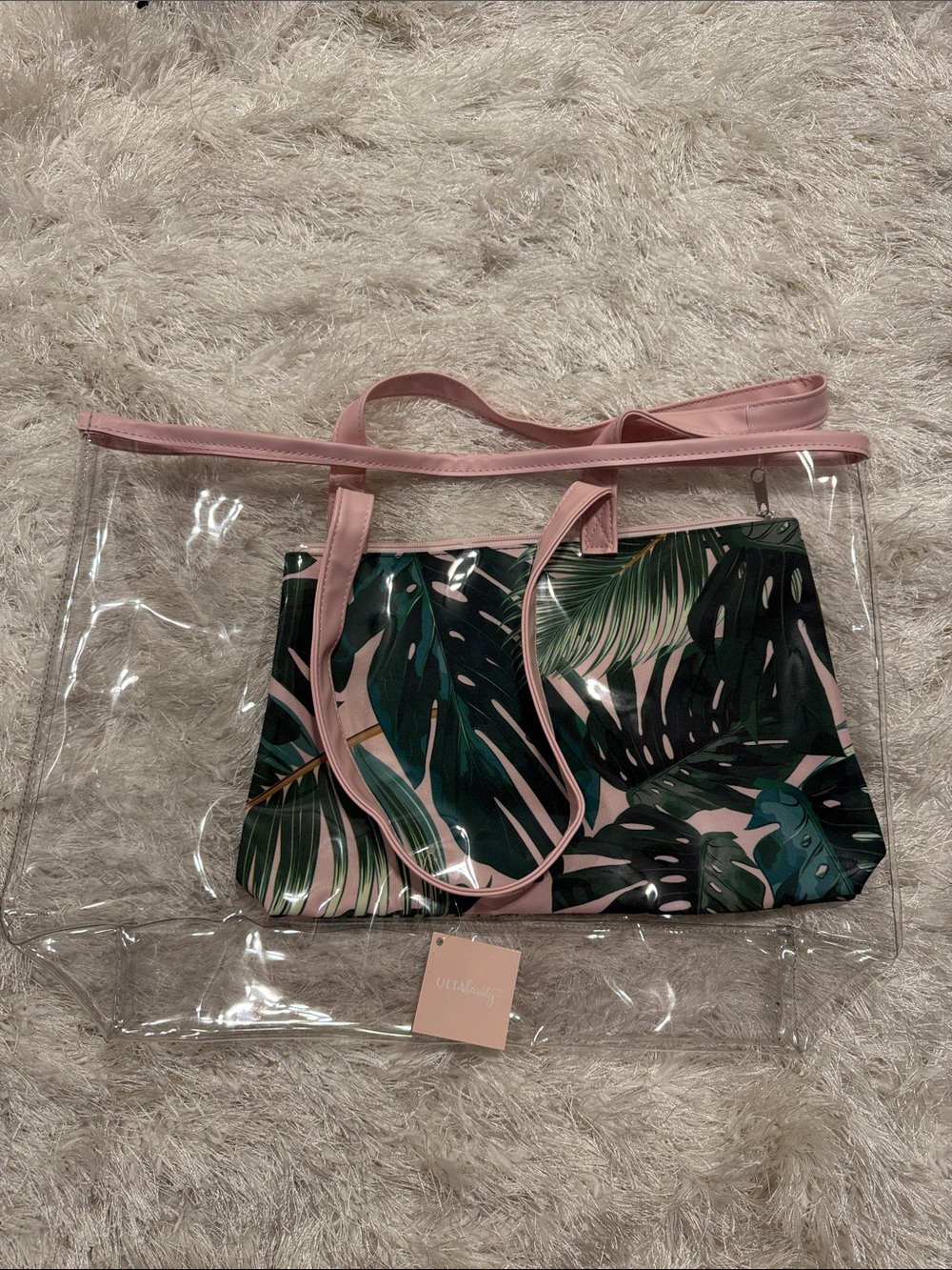Ulta Beauty Clear Tote with Pink Trim and Tropical Green Insert